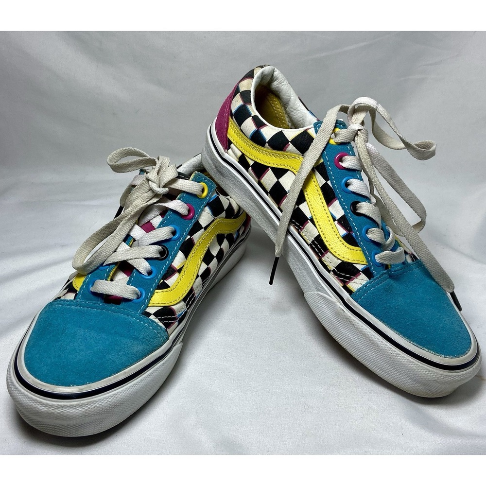 VANS Old Skool Checkered Low Top Skate Tennis Shoes Multi Color Neon M 4.5‎ W 6